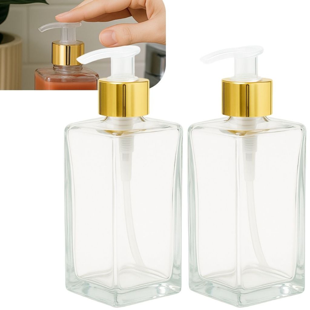 Kit 05 Frascos de Vidro Retangular Square 250ml Com Válvula Saboneteira Luxo
