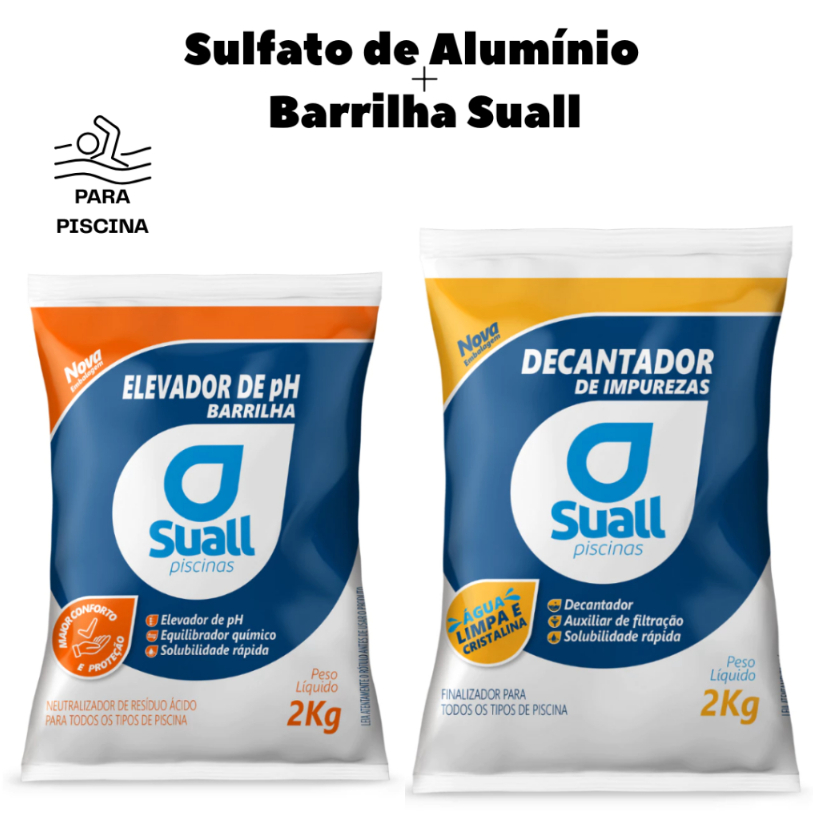 Kit Barrilha Elevador de pH Suall + Sulfato de Alumínio Decantador Para Piscina Suall 2kg em Oferta na Shopee