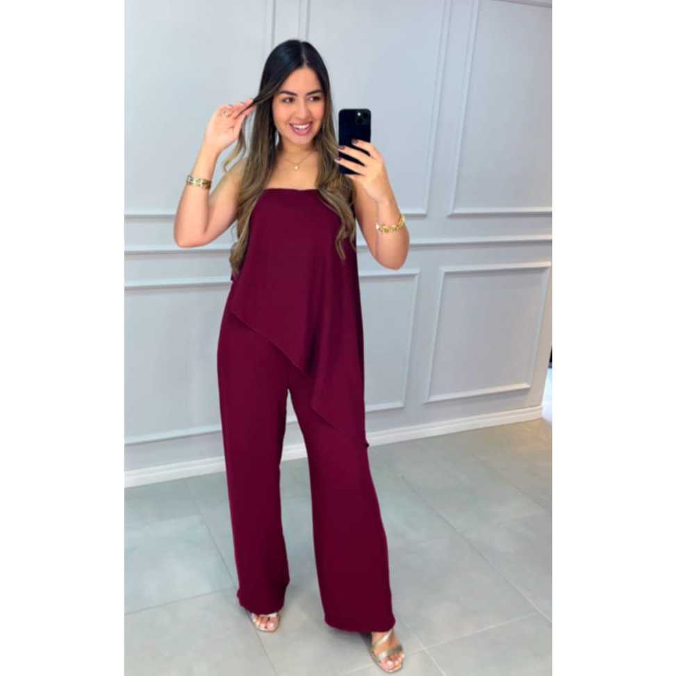 Conjunto Feminino Calça Pantalona e Blusa Bata tomara que caia Assimétrica Elegante Tecido Duna
