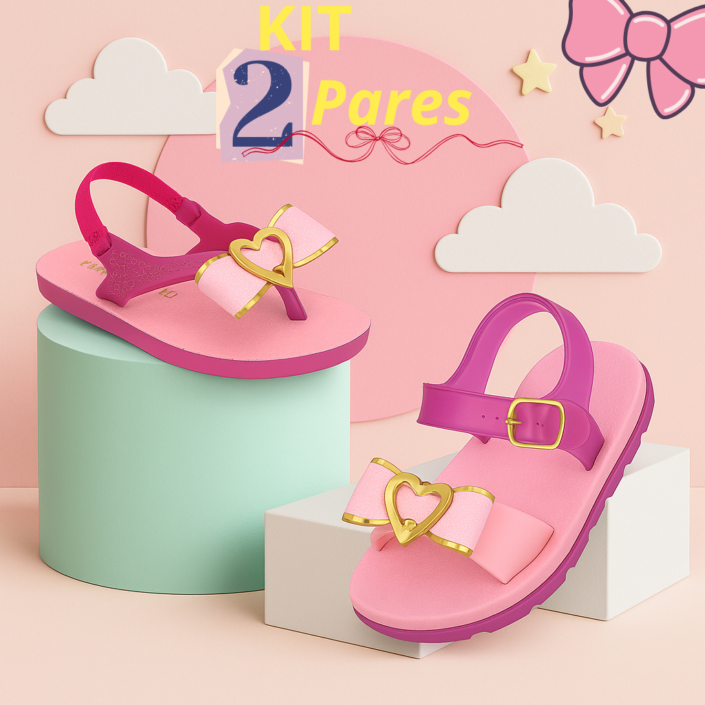 Kit 2 Pares sandália chinelo bebê infantil feminina menina laço confortável antiderrapante fofo