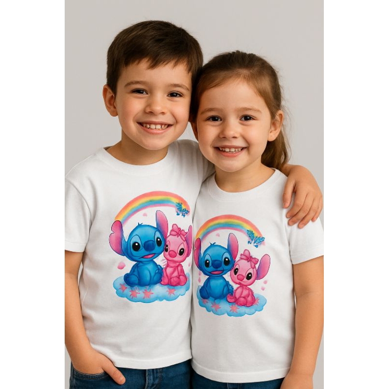 Blusa Infantil Unissex em Poliéster | Estampas Stitch Menina e Menino | Camiseta Branca Personalizada
