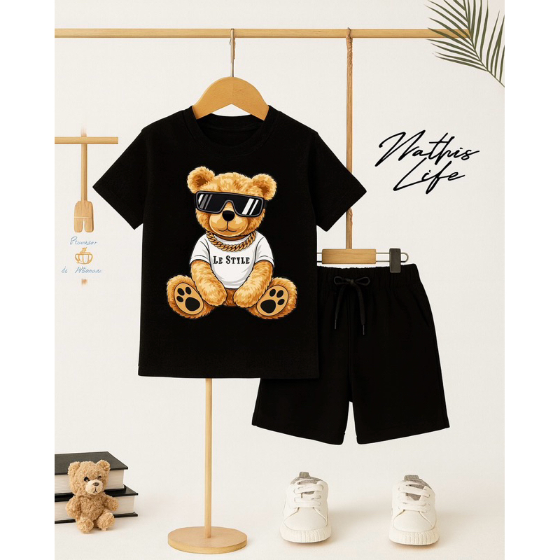 Kit 2 peças Camiseta + bermuda conjunto infantil menino estampa urso moda casual em Oferta na Shopee