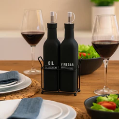 Galheteiro Luxo Preto Fosco Em Vidro Com Suporte Porta Azeite Vinagre Bico Dosador Azeiteiro Vinagreiro Manhattan