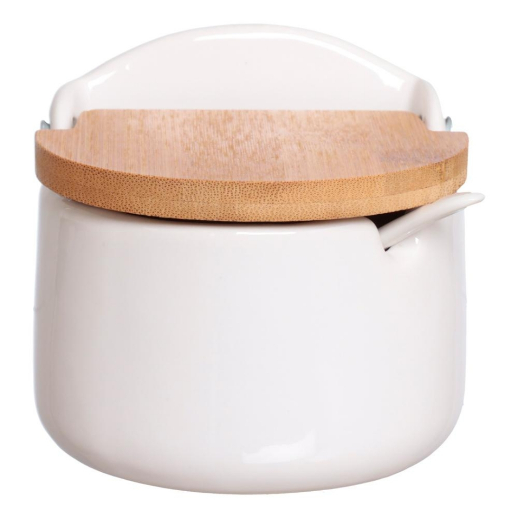 Detalhes do Saleiro de Mesa de Cerâmica com Tampa de Bambu e Colher Branco
