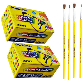 Tinta Guache Escolar Acrilex 1 Ou 2 Caixas Com 6 Cores 15ml + Pincel Guache Para Colorir E Pintar
