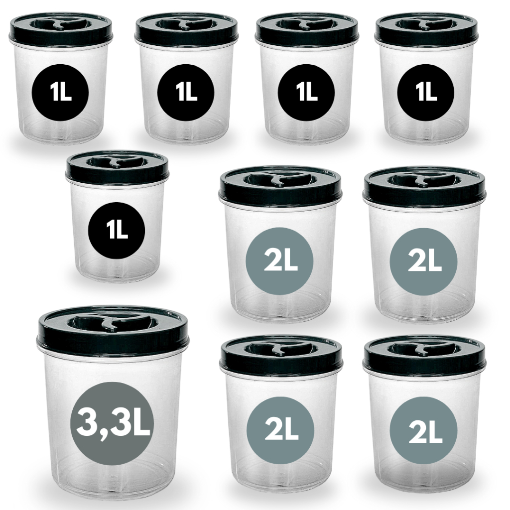 Jogo 10 Potes Mantimento  Redondo Transparente 1 de 3,3L + 4 de 2L + 5 de 1L Cereais Açúcar Café