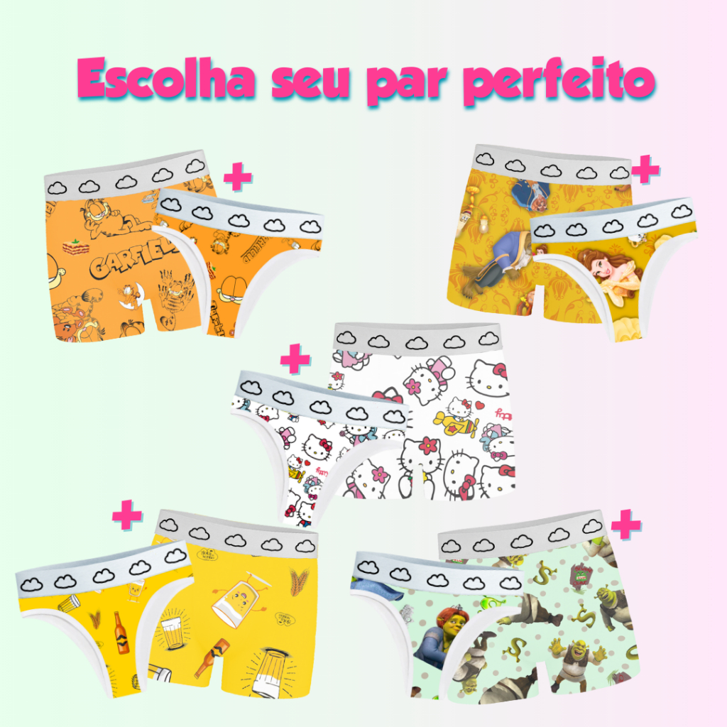 KIT CUECA E CALCINHA CASAL NAMORADOS ESTAMPADO PERSONAGEM em Oferta na Shopee
