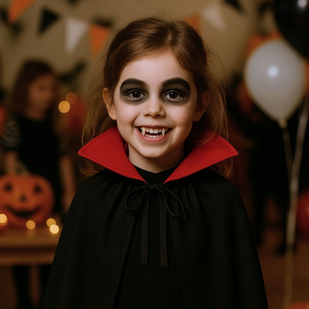 Kit Vampiro Infantil Fantasia Drácula Nosferatu Capa Preta C/ Gola Vermelha Dente Presas Sangue Luxo