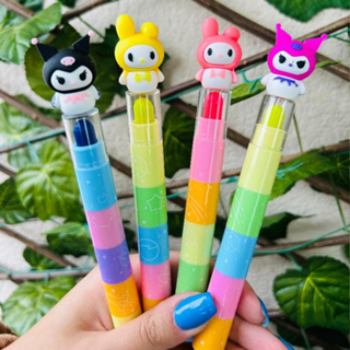 Marca Texto Giz de Cera Hello Kitty Kuromi Melody Troca Ponta 6 Cores Papelaria Fofa Material Escola em Oferta na Shopee