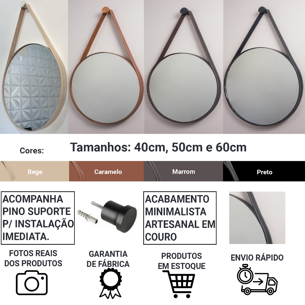 Espelho Decorativo Redondo Adnet com Couro Preto Retrô para Banheiro Quarto Sala C/ Pino Suporte · foto 2