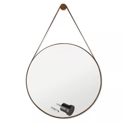Espelho Decorativo Redondo Adnet com Couro Preto Retrô para Banheiro Quarto Sala C/ Pino Suporte