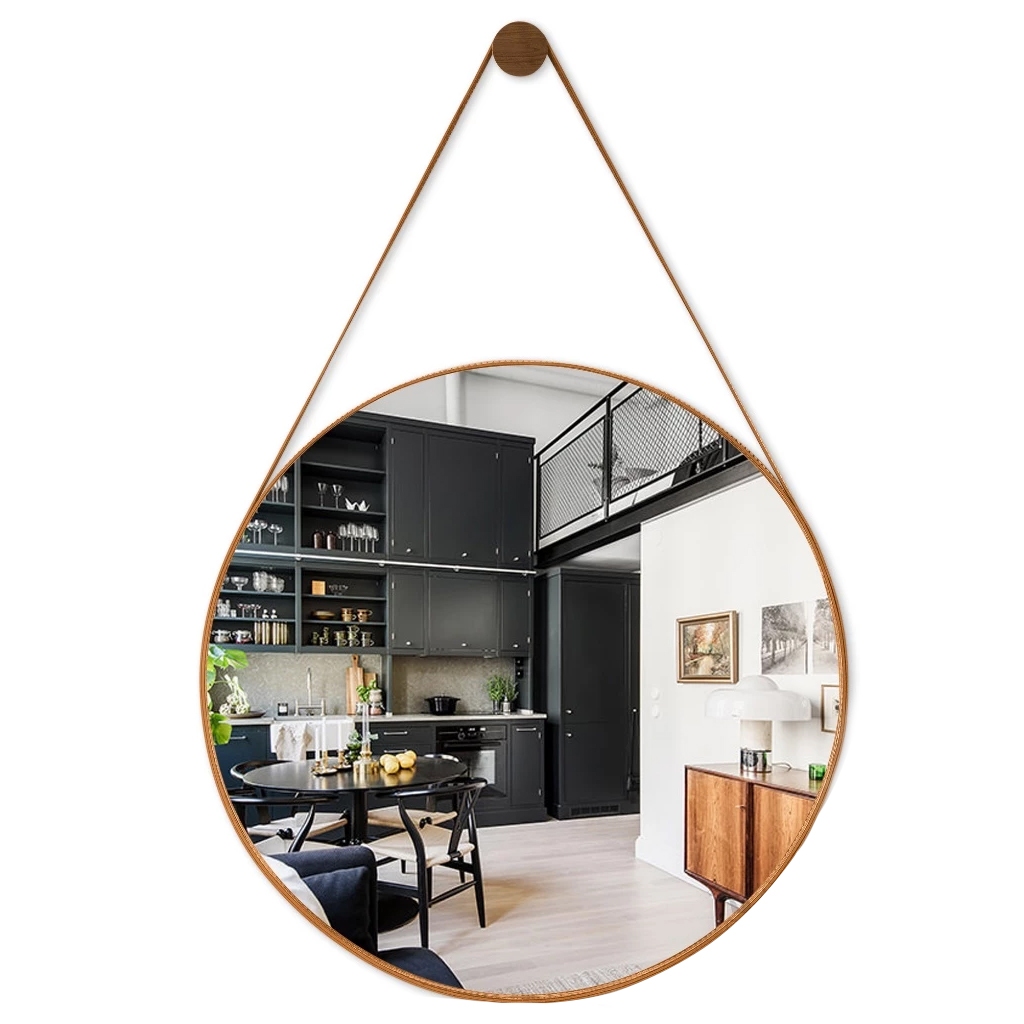 Espelho Decorativo Adnet Redondo com Couro Bege Retrô para Banheiro Quarto Sala