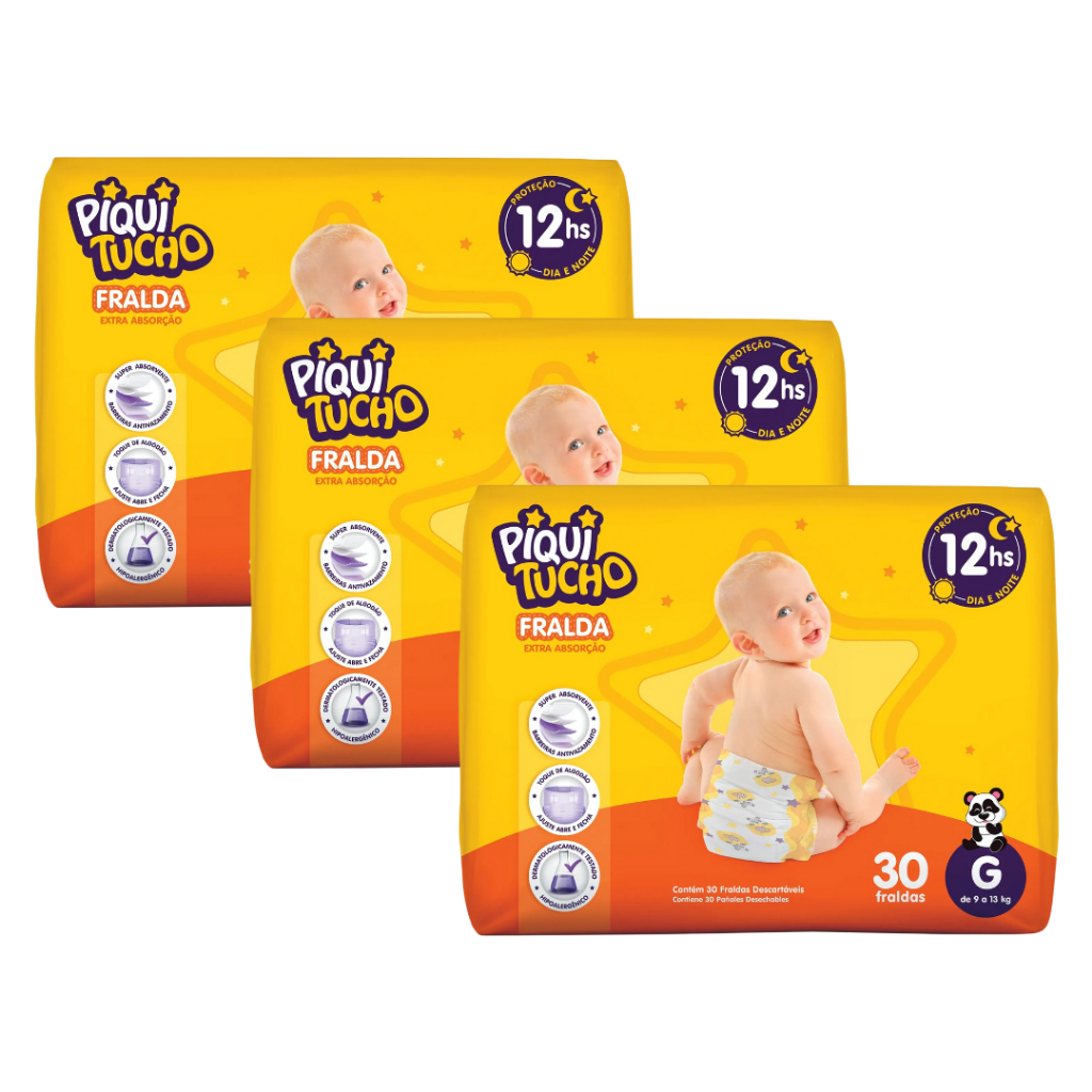 Kit com 3 Pacotes Fralda Descartável Infantil Piquitucho Mega Extra Absorção Fita — imagem 2 de 2