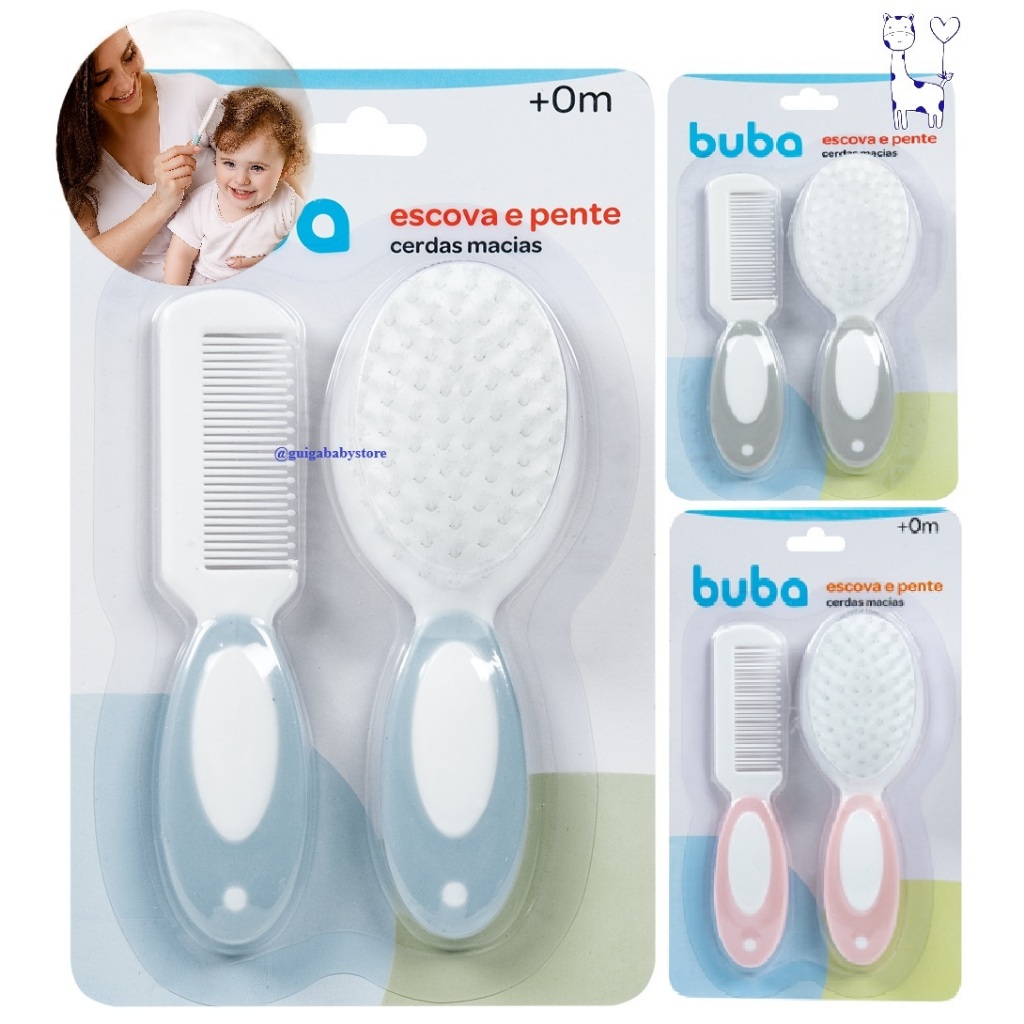 Kit Escova e Pente para Bebê Buba Cerdas Macias, Higiene e Cuidados com o Cabelo Infantil