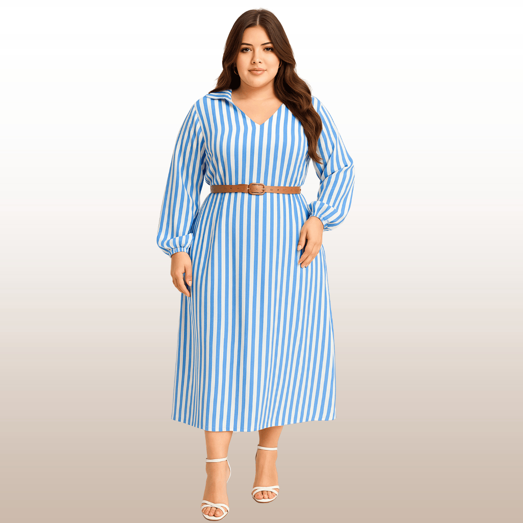 CLASS  Vestido Plus Size Manga Longa Colarinho V com Cinto de Couro | Duna (Veste 46-50)