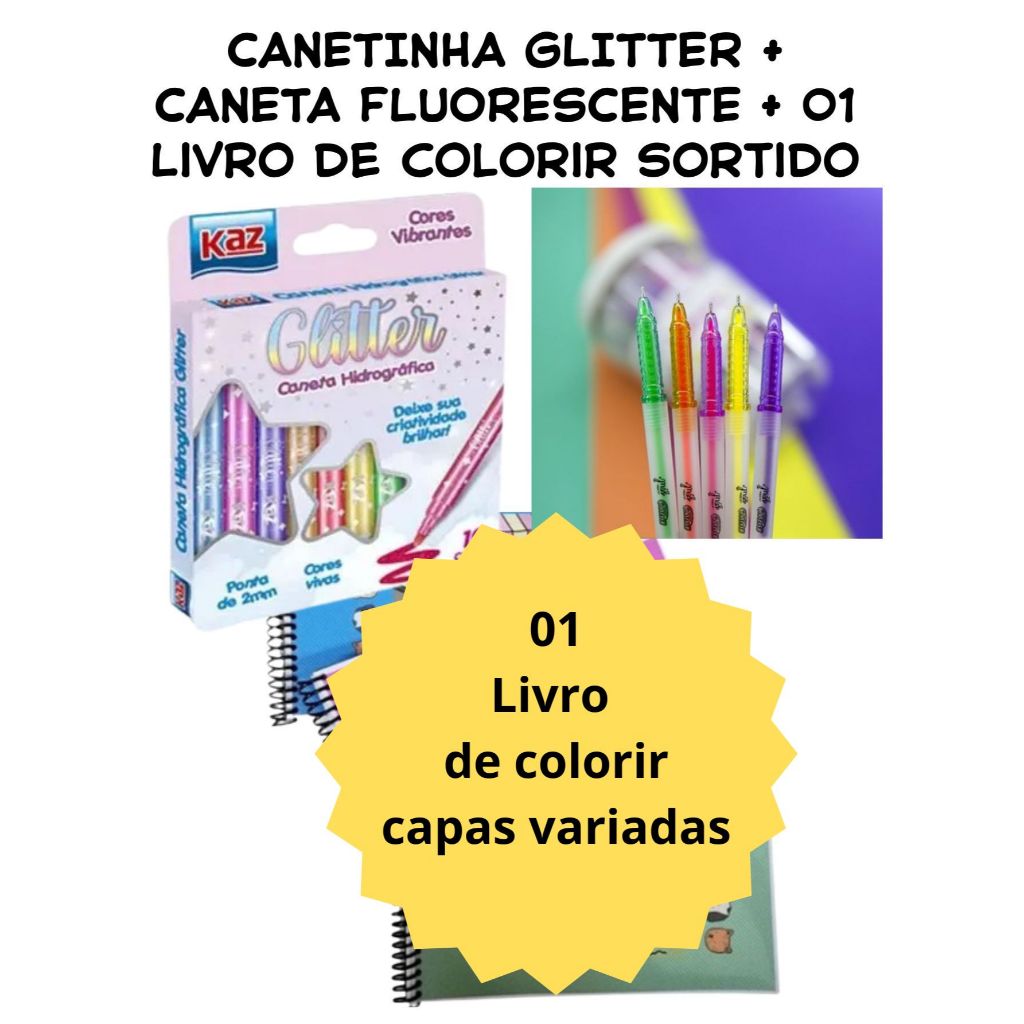Trio Bob gudi pintura livro colorir 3 peças caneta canetinha com gliter caneta fluorescentes para detalhes e livro pra p
