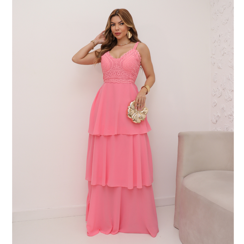 Vestido Longo Feminino Festa Chiffon Com Bojo de Alcinha Liso Verão 3RD SD1627