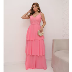 Vestido Longo Feminino Festa Chiffon Com Bojo de Alcinha Liso Verão 3RD SD1627