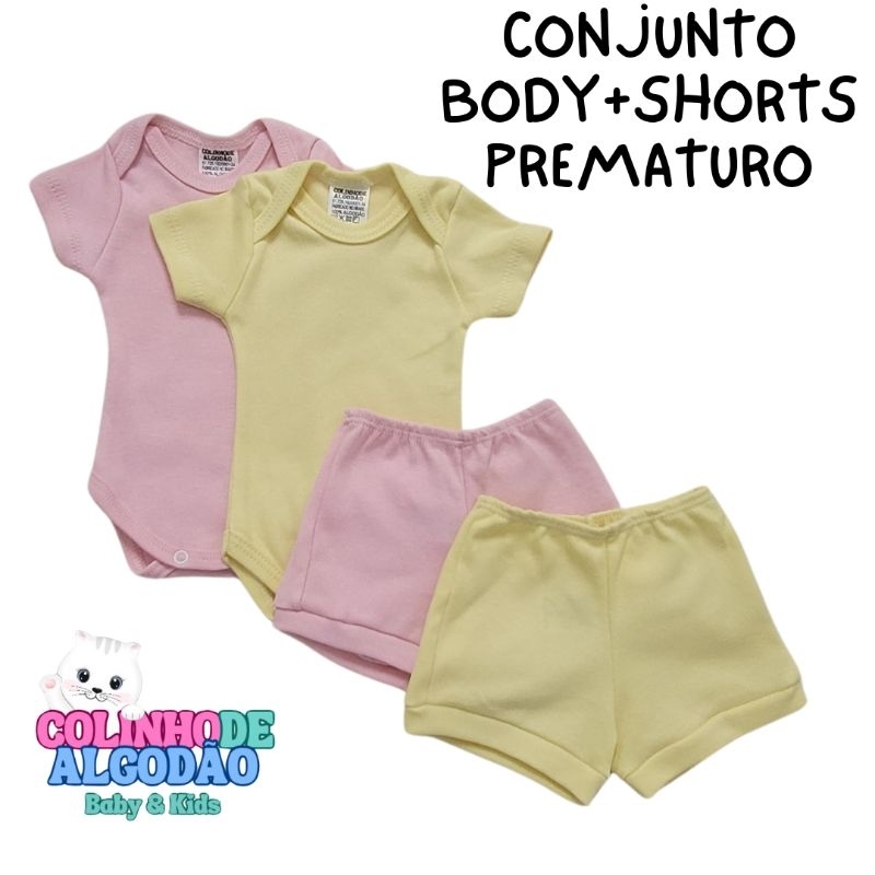 CONJUNTO BODY + SHORTS PREMATURO SUEDINE 100% ALGODÃO. ROUPA DE CALOR/VERÃO BONECA REBORN