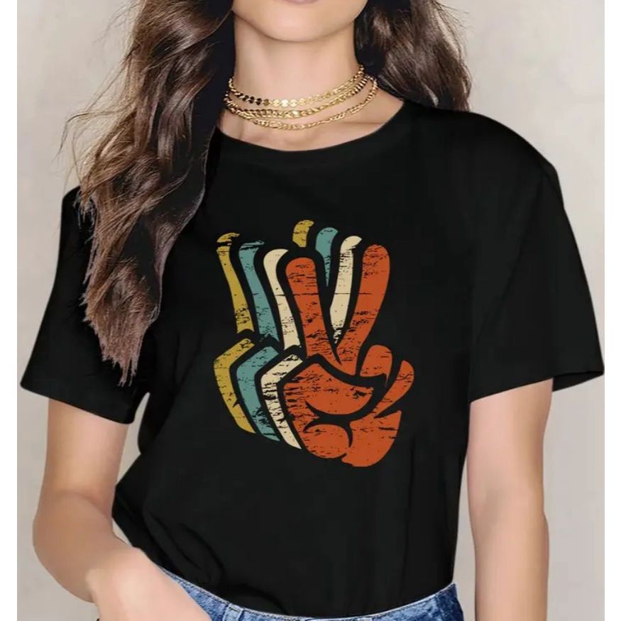 Camiseta Feminina Estampada Mão Símbolo Paz Retrô Vintage Estlo Tumblr