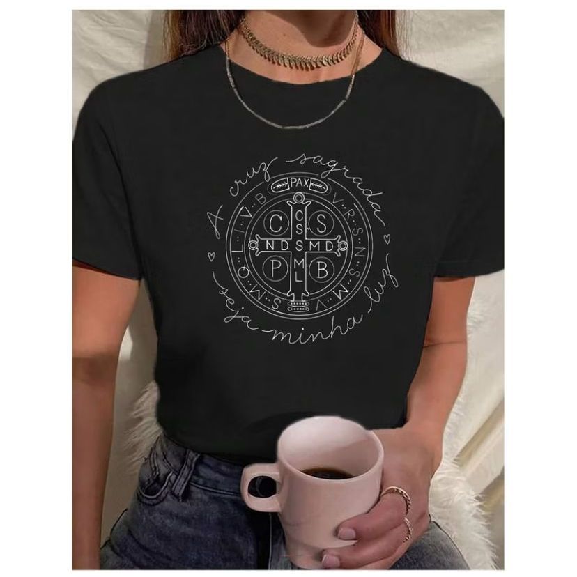 Camiseta Feminina Religiosa Cruz Sagrada São Bento Católica Estampada Estilosa 100% Algodão