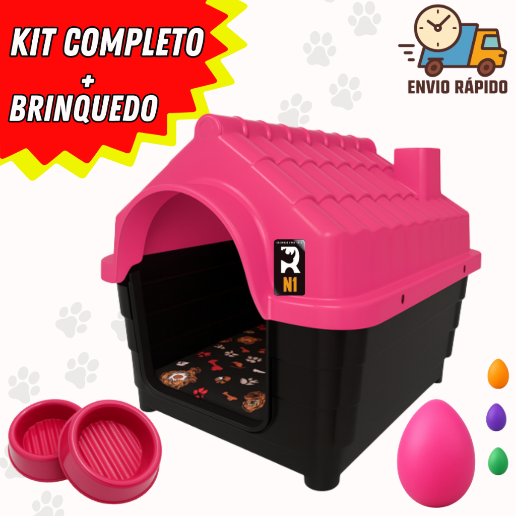 KIT Casinha+ Colchonete+ 2 Comedouros+ Brinquedo ovo maluco Cachorro Filhote Pequeno N1 Casa Pet