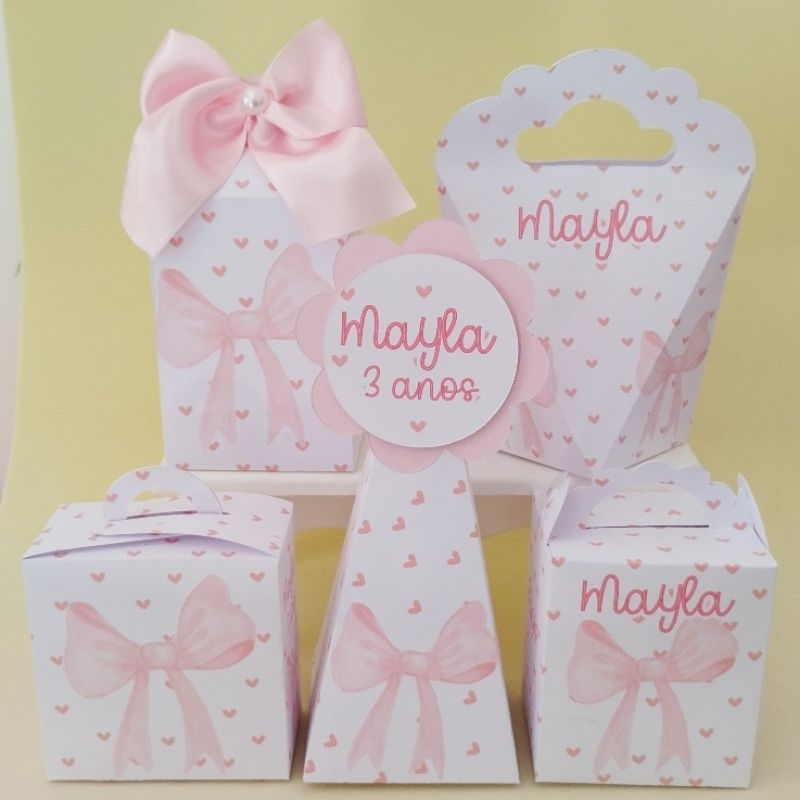 Kit Laço Rosa | 50 Caxias | Festa | Infantil | Personalizados | Caixinhas | Milk | Lembrancinhas | Pegue e Monte em Oferta na Shopee