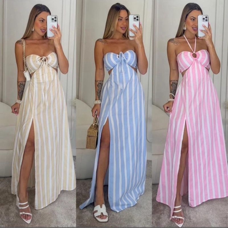 Vestido Alice Listrado feminino  Longo Com Duas Formas De Uso e Fenda Moda Verão