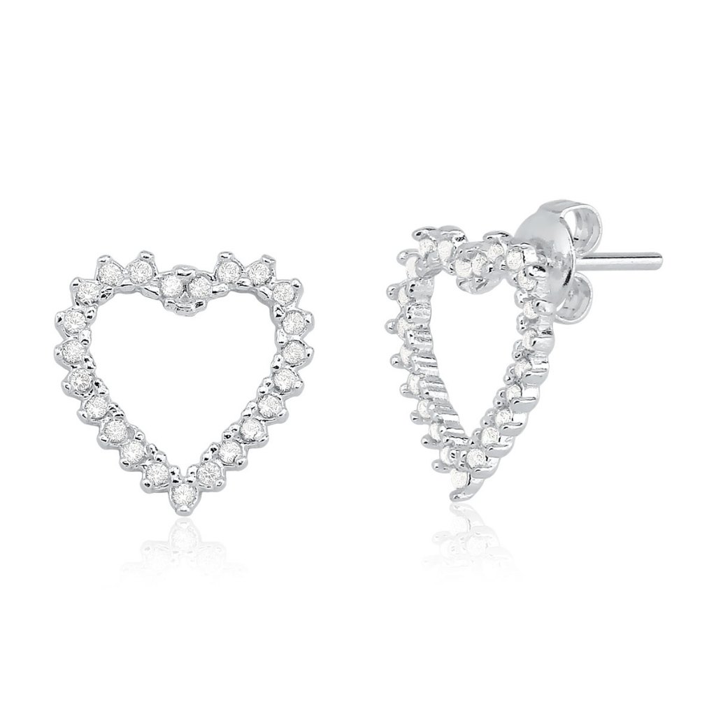 Brinco de Prata 925 Coração Vazado com Zircônias Cravejadas