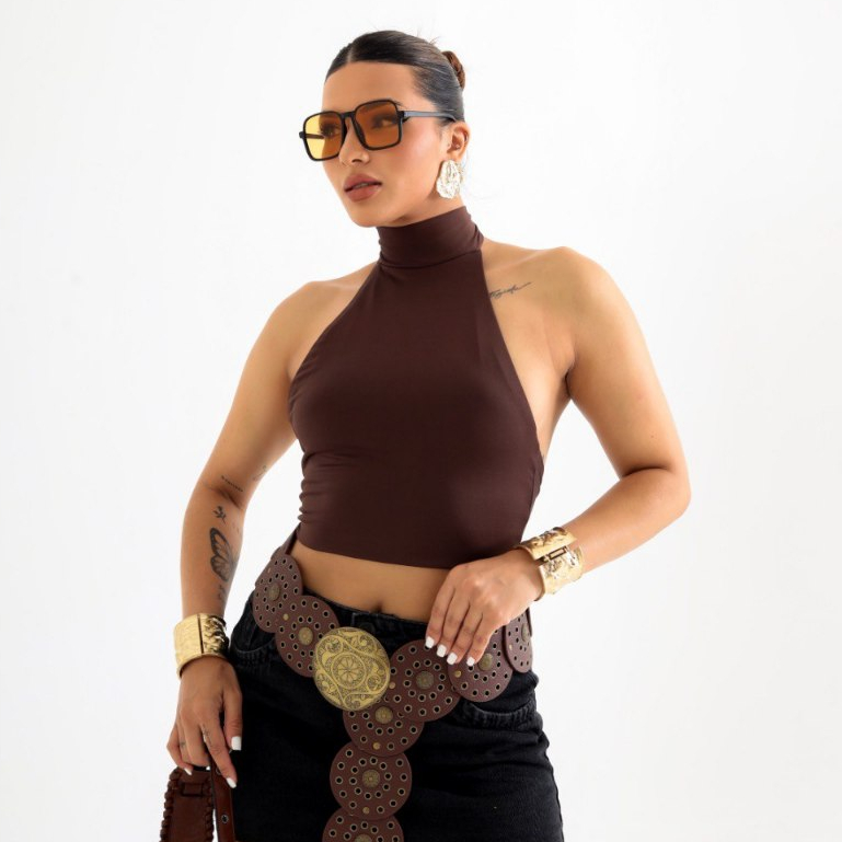 Blusa Feminina Cropped Costa Nua Frente Única Gola Alta Amarração Suplex Premium Moda Básica