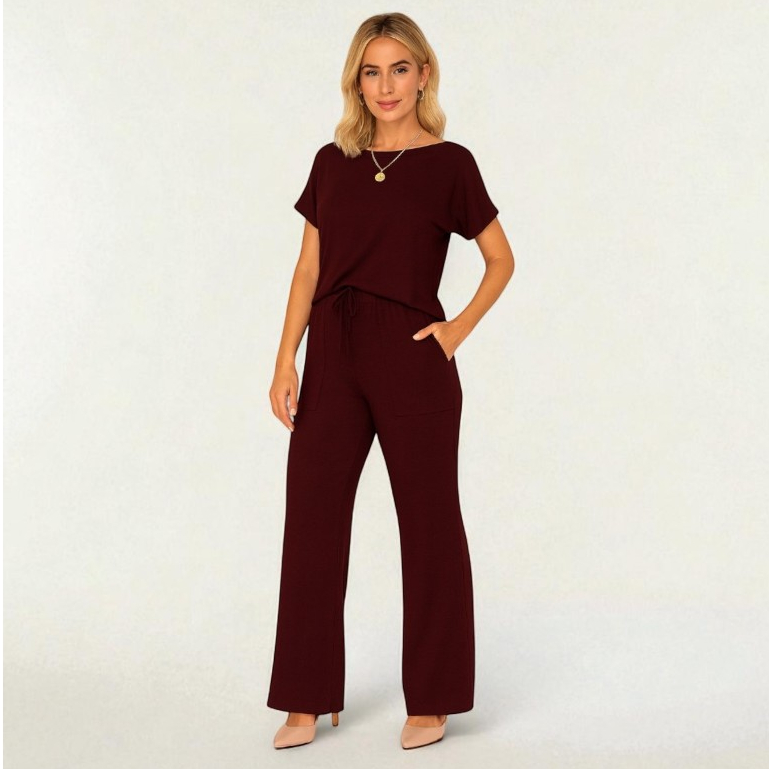 Conjunto Feminino Malha Marsala Viscolycra Blusa Manga Curta com Calça Pantalona Casual