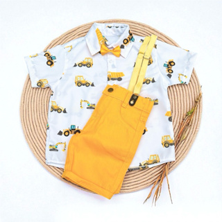 conjunto menino aniversario social modelo short brim trator amarelo construção tratores em Oferta na Shopee