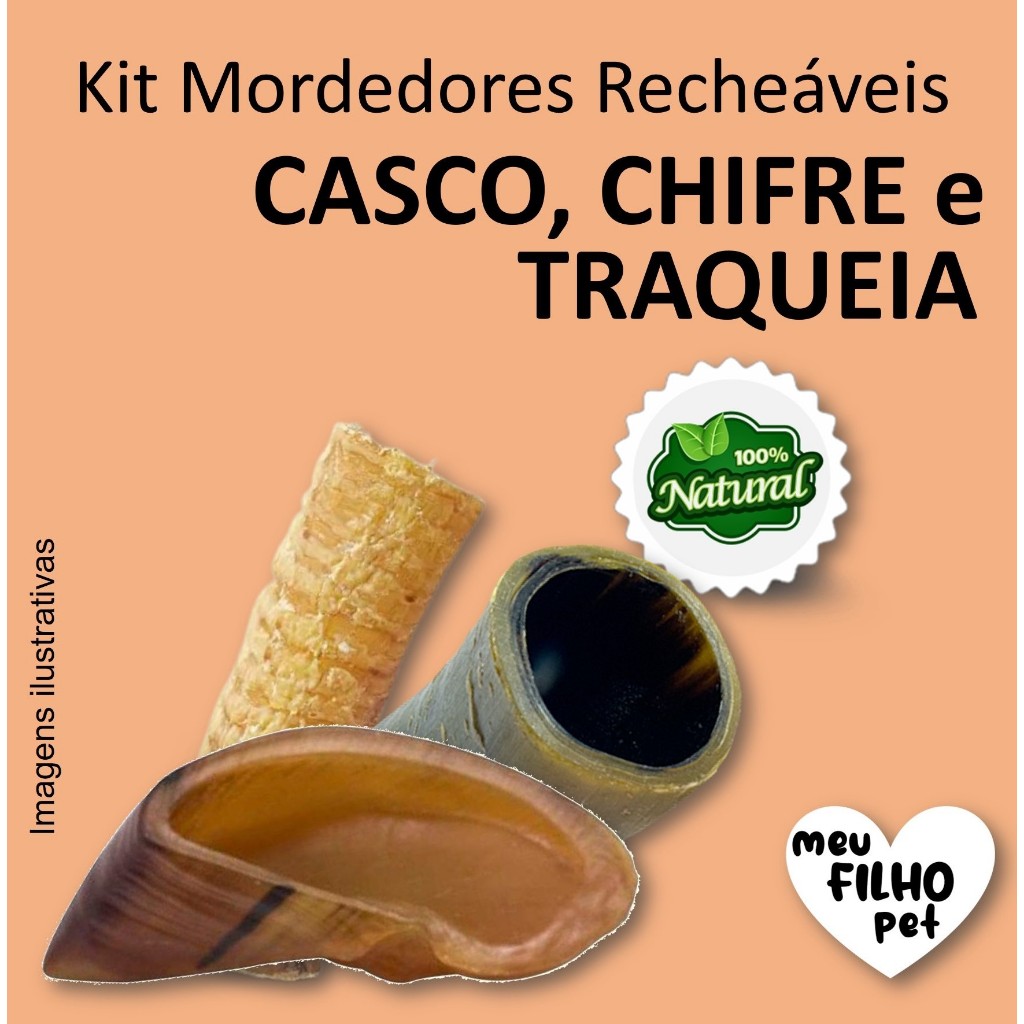 Kit Mordedor Petisco Natural para Cães Casco Chifre Traqueia NutriCão Pet Food Osso Cachorro