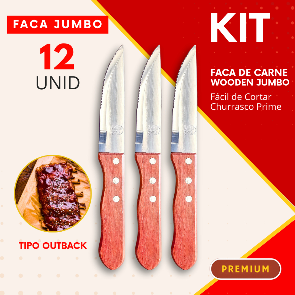Jogo 12 Facas Para Carne Wooden Jumbo Cabo Tipo Outback Churrasco Restaurante Churrascaria em Oferta na Shopee