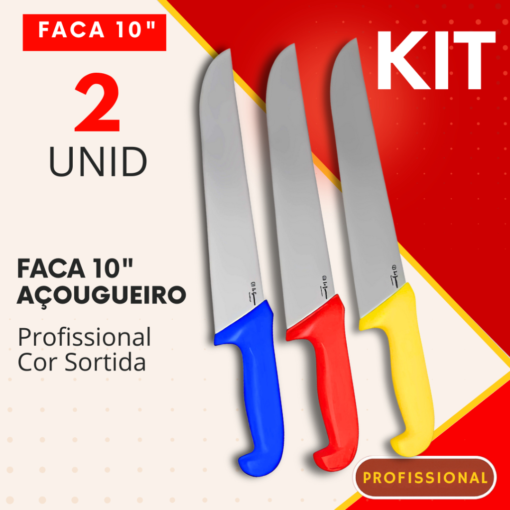 Jogo 2 Faca Açougueiro 10" Profissional Churrasco Açougue Cabo Colorido