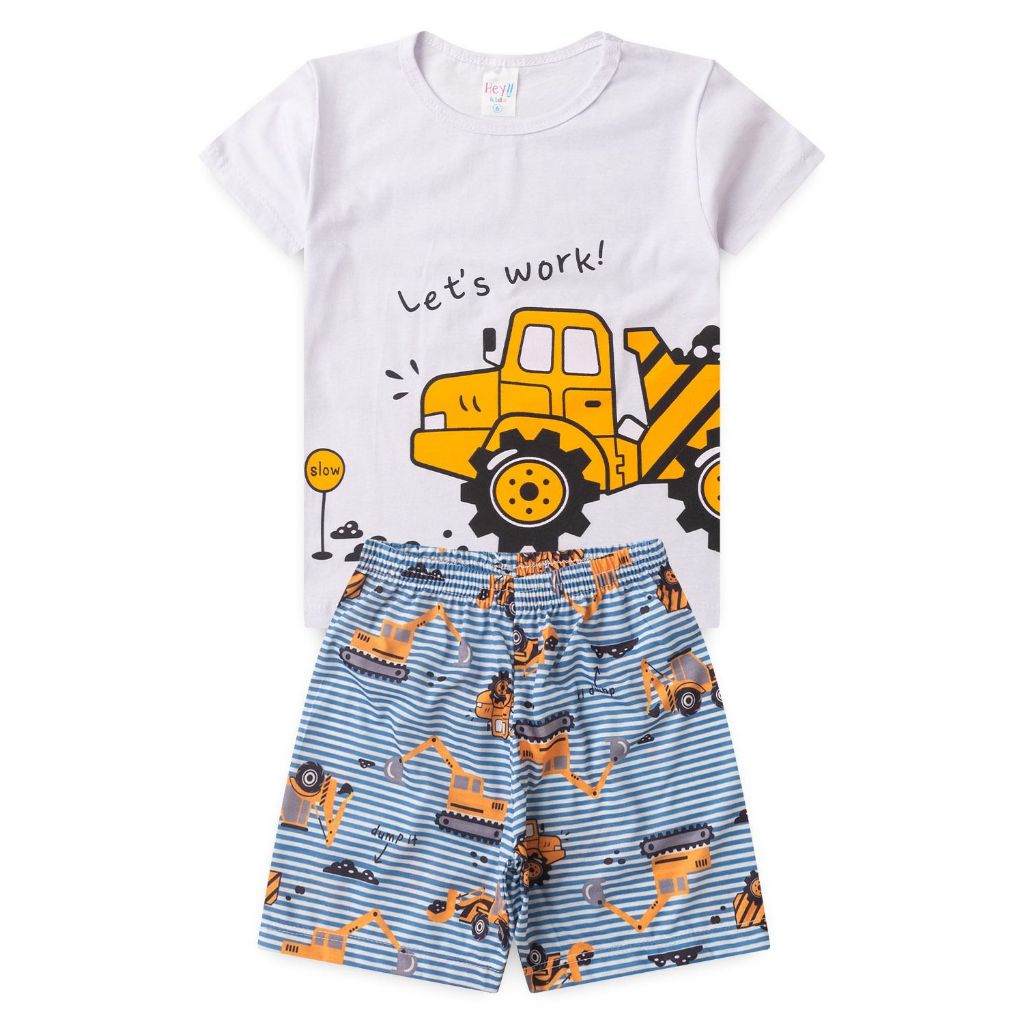 Conjunto infantil Pijama Verão 2 peças – Bermuda e Camiseta Roupa de Menino Trator. Tam. 1 ao 8 em Oferta na Shopee