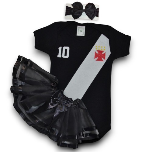 Kit Luxo 3 Pçs Laço Saia  Body De Bebê Menina Mesversário Time Vasco