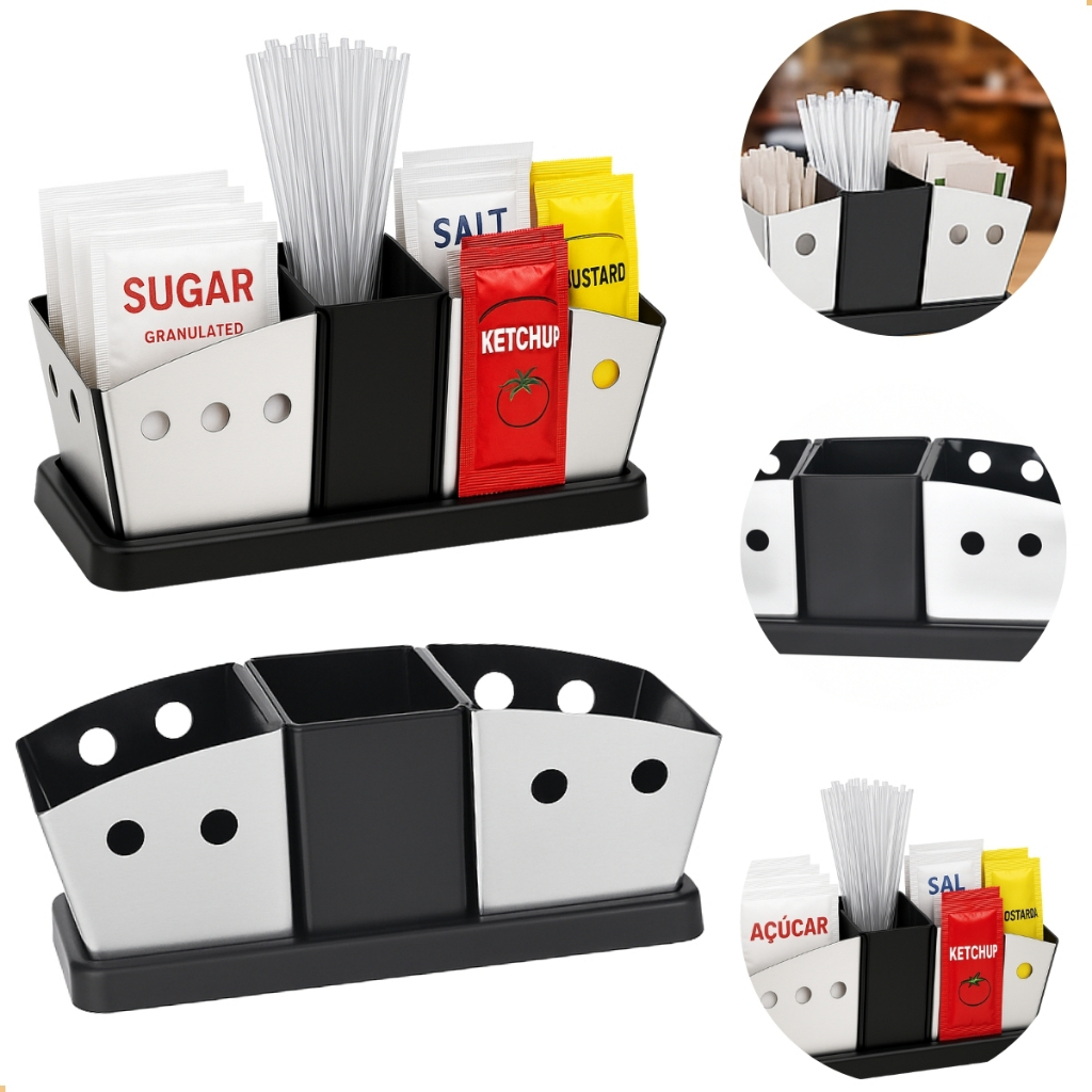 Porta Saches Inox Suporte Café Adoçante Açúcar Restaurante Bar Casa Mostarda Ketchup Maionese