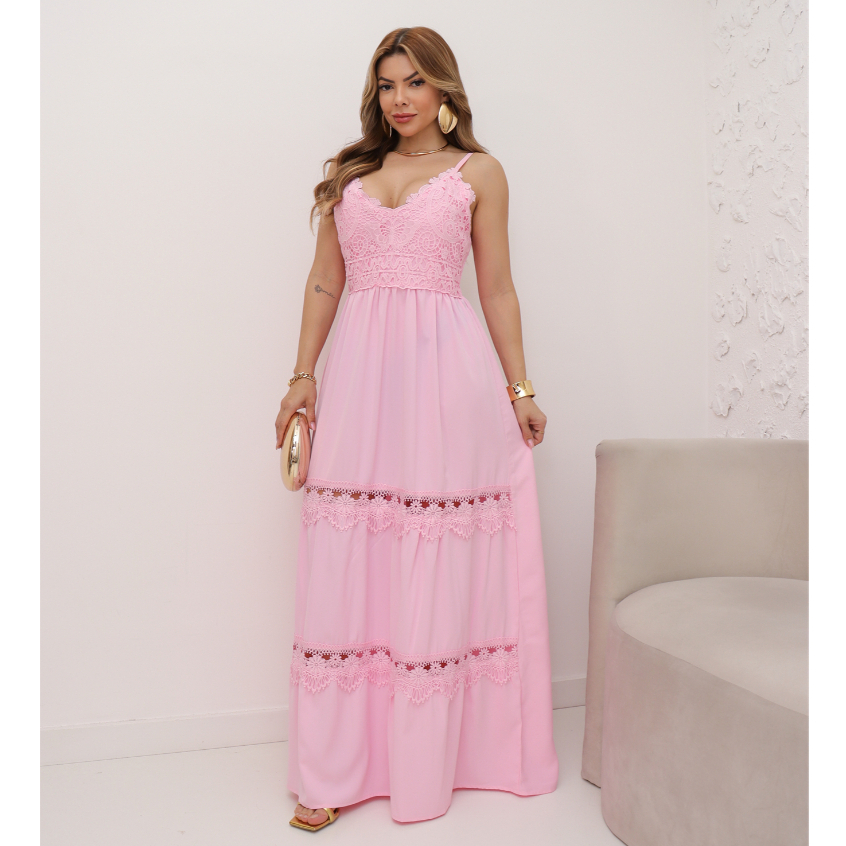 Vestido Longo Feminino Casamento Com Bojo Liso de Alcinha Festa Verão 3RD SD1626