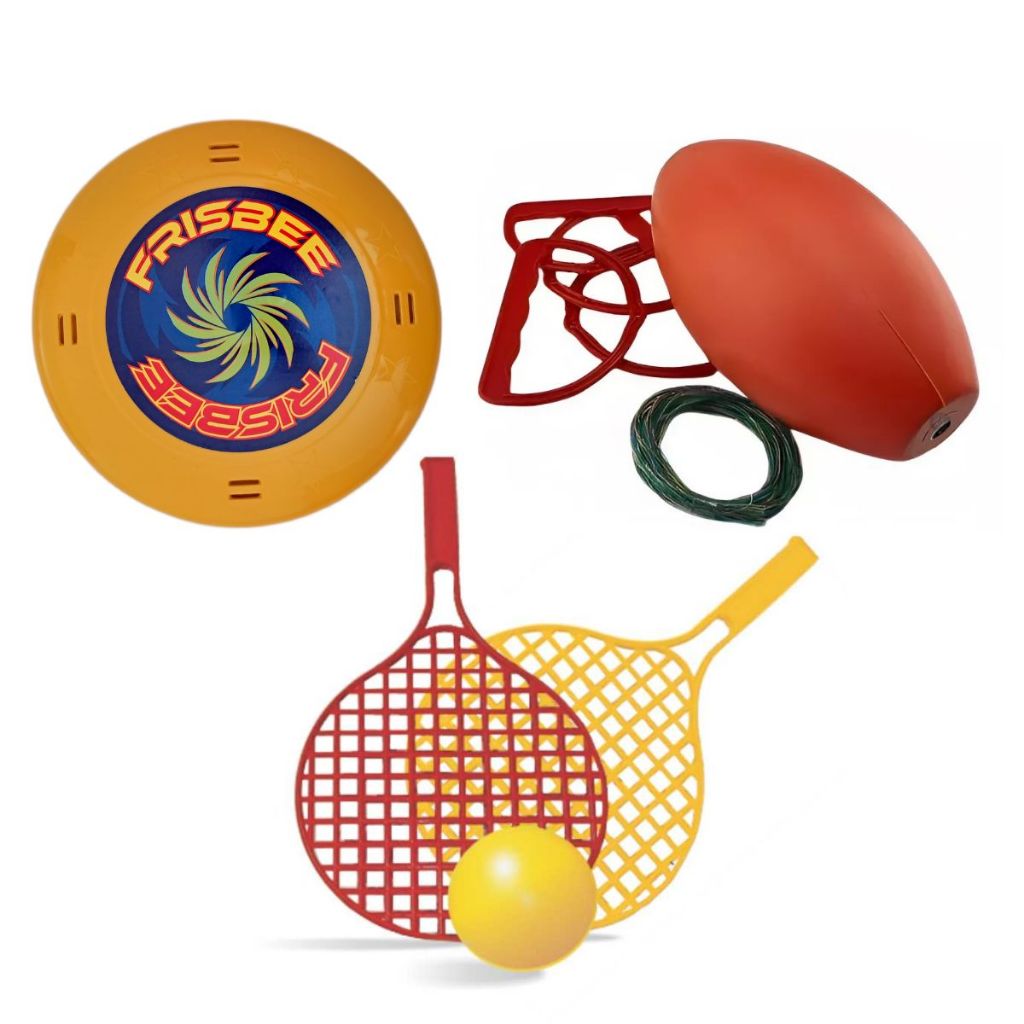 Kit Frisbee Bumerangue Brinquedo Disco + Raquete + Vai Vem