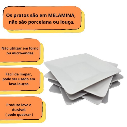 Jogo Prato Melamina Quadrada Branca Kit Pratos Melamine Sobremesa Peticos