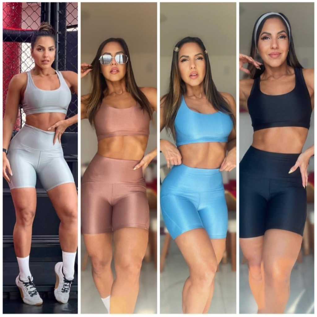 CONJUNTO FITNESS ACADEMIA - CROSSFIT - POLIAMIDA PREMIUM - CANELADINHO - Feminino  com Bojo Shorts Cintura Alta