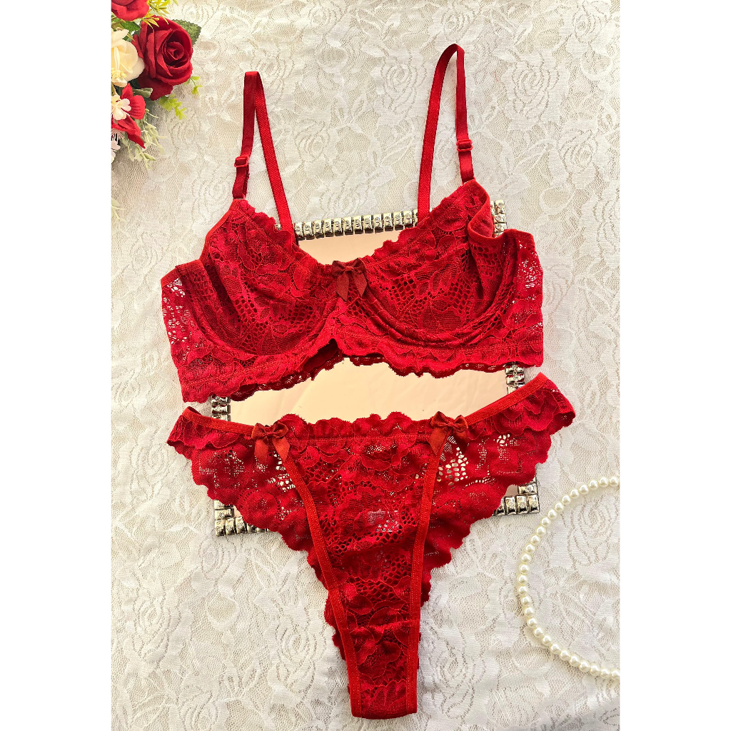 Conjunto Lingerie Renda Sexy Feminina Sutiã sem Bojo + Calcinha Cavada Sensual Confortável