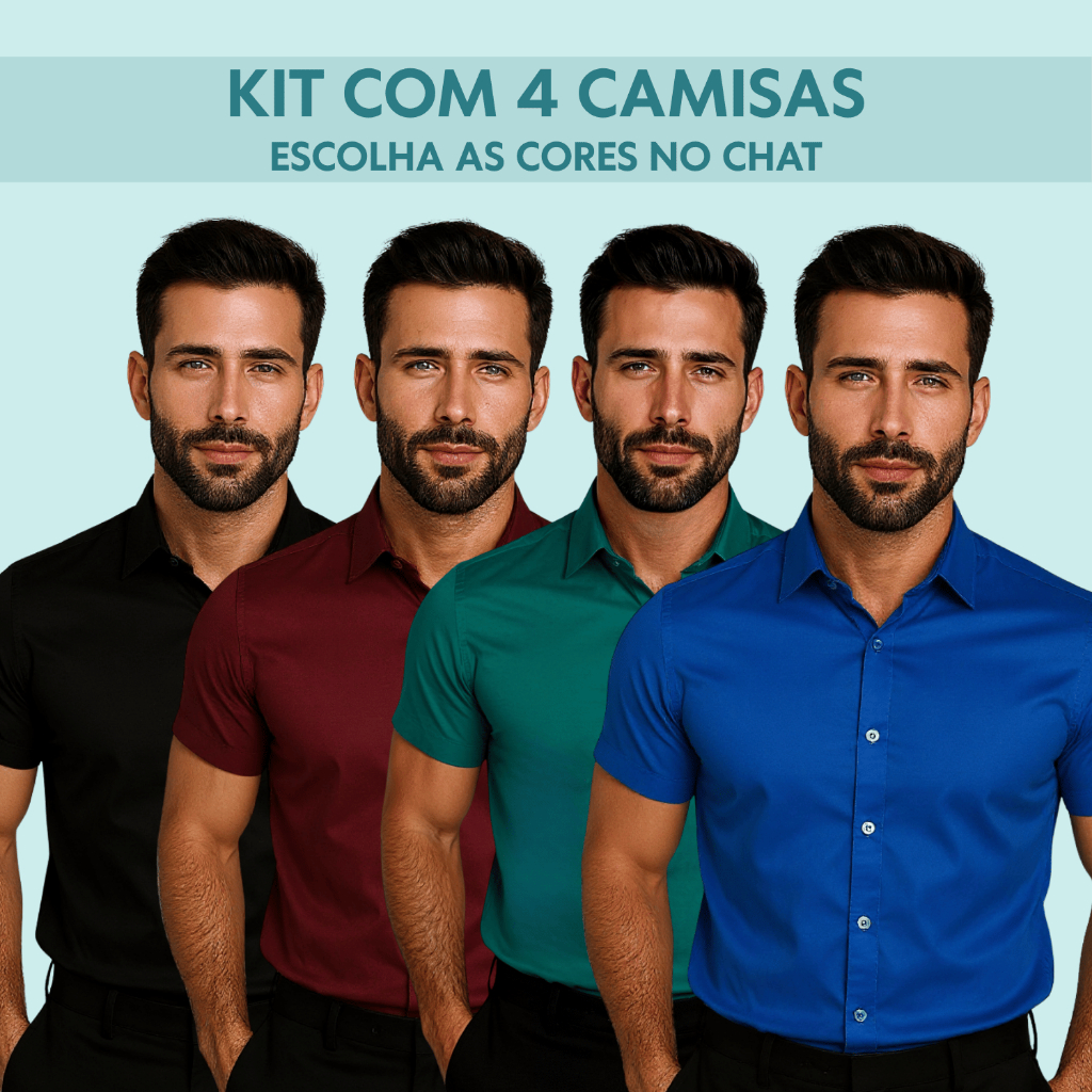Kit 4 Camisa Algodão Curta Elastano Slim Fit Casual Premium Luxo Social Slim Masculino Elegante
