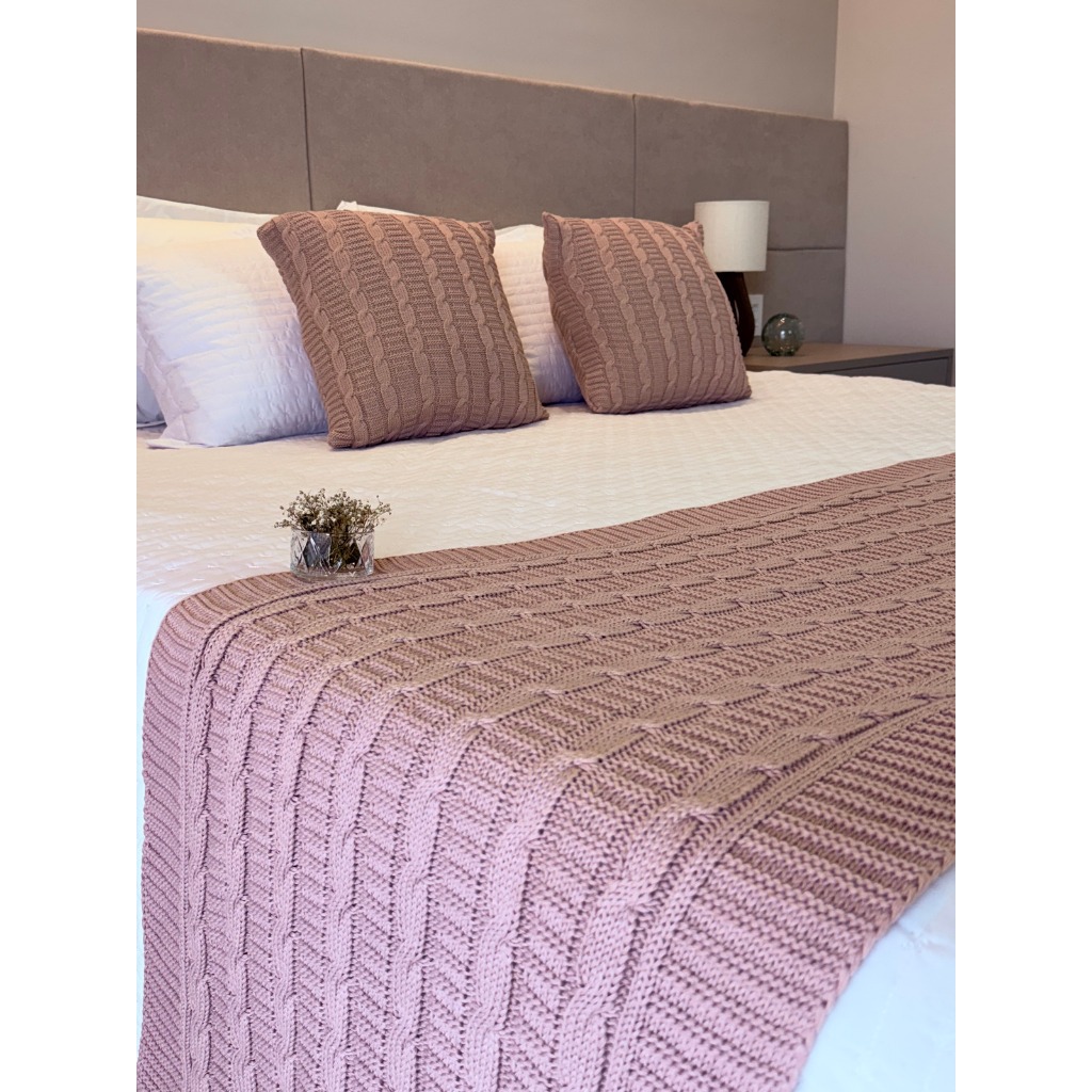 Peseira/Manta Tricô luxo King Boho + 2 Capas Almofada Decorativas Cama Sofá Quarto Luxo FIRENZE