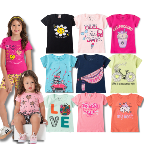 Kit Sortido 5 Camisetas Manga Curta Estampada Feminina/Menina Infantil e Juvenil do 1 ao 14 em Oferta na Shopee