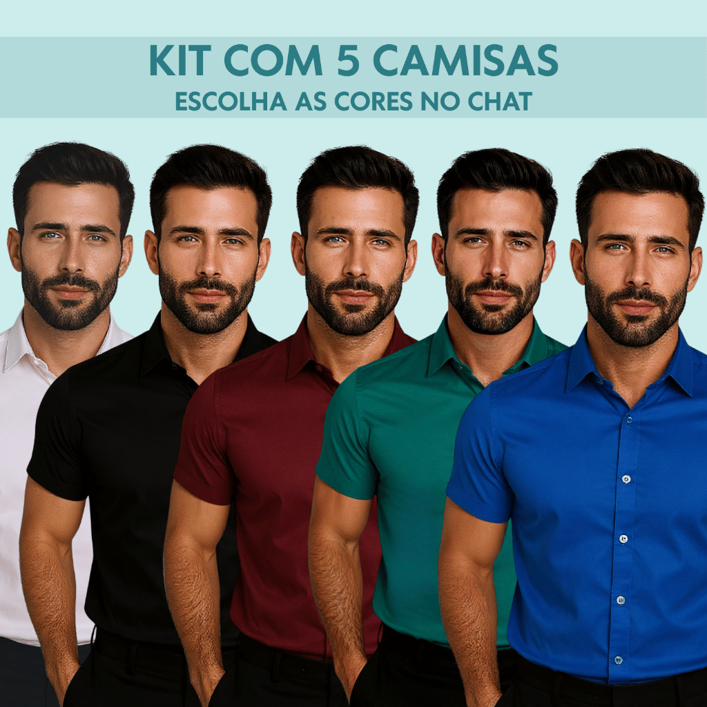 Kit 5 Camisa Algodão Elastano Slim Fit Casual Premium Luxo Social Slim Masculino Elegante