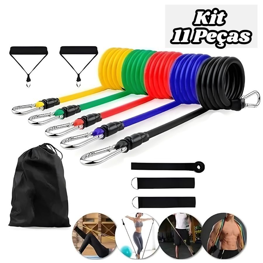 Kit 11 Peças Elástico Extensor em Látex Resistente para Exercícios Funcionais, Fitness e Ginástica