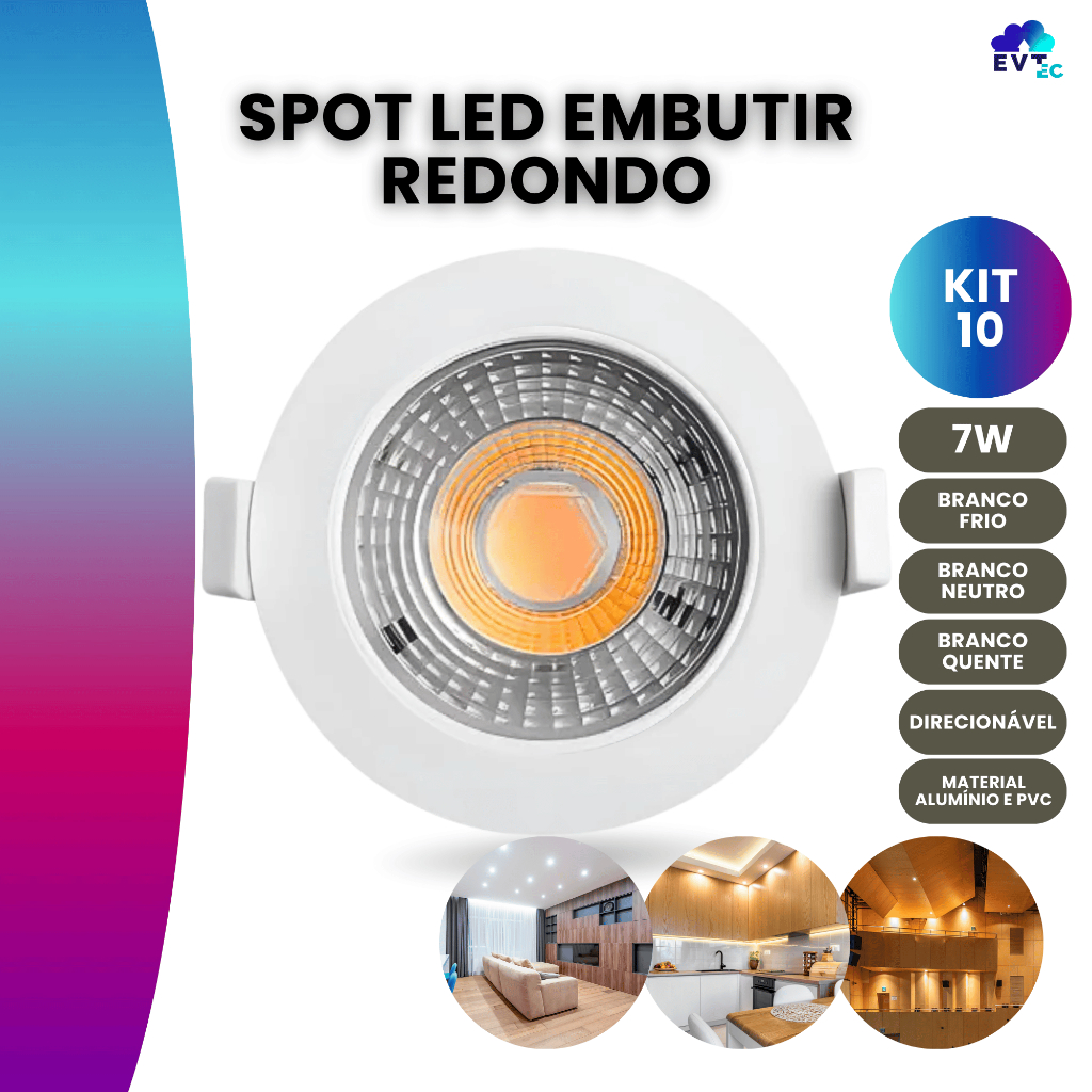 Kit 10 Spot Led Smd 7w Dicróica Direcionável Redondo Forte Frio | Neutro | Quente em Oferta na Shopee