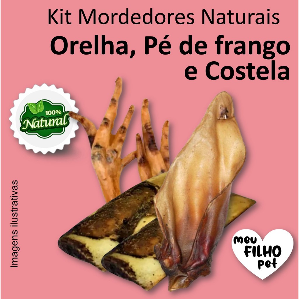 Kit Mordedor Petisco Natural para Cães Costela Orelha Bovina Pé Fran NutriCão Pet Food Osso Cachorro